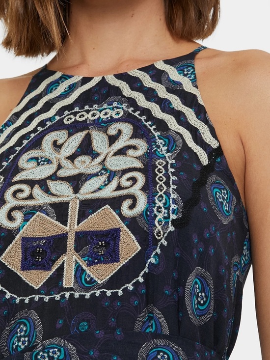 Desigual Dresses & Skirts - Desigual Embroidered Navy Midi Halter Dress with Teal & Cream Accents New Size L